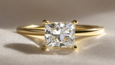 Radiant Royalty: A Golden Symphony of Princess-Cut Engagement Rings.