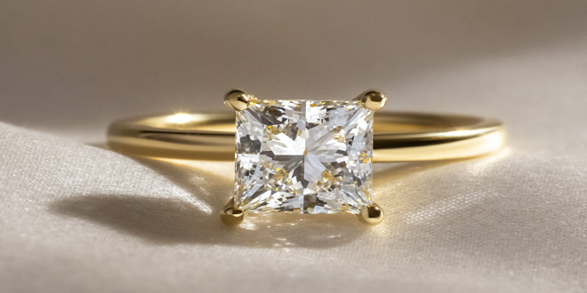 Radiant Royalty: A Golden Symphony of Princess-Cut Engagement Rings.